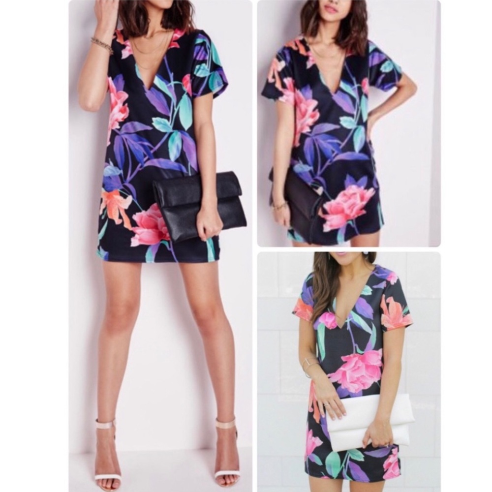 MIDI V-NECK SHIFT DRESS SIZE S BLACK FLORAL TROPICAL PINK PURPLE MISSGUIDED H…
